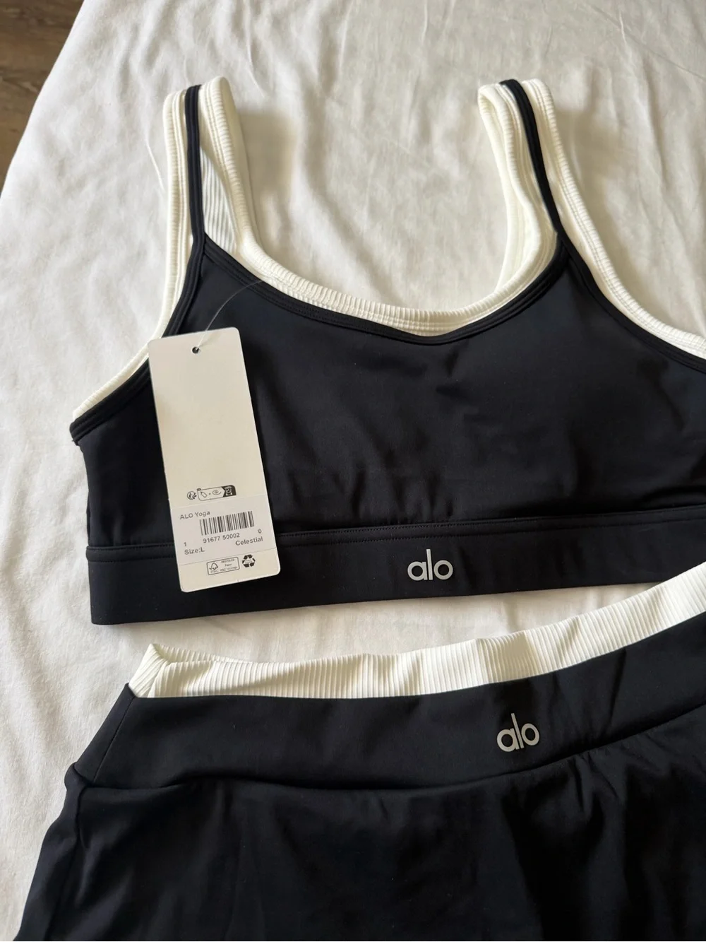 ALO Yoga Black Sports Bra and Skort with White Trim
